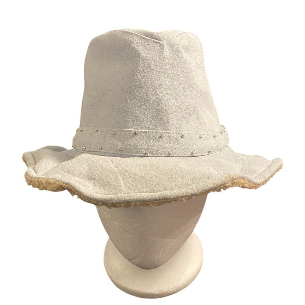Scala Pronto Light Gray‎ Faux Shearling Fedora Hat Studded Band One Size